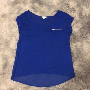 Blue sheer back with gold zipper top